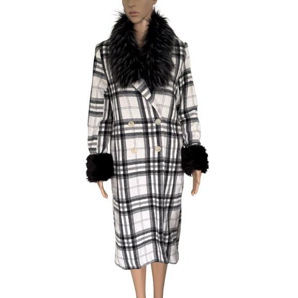 Upcycled Plaid Coat Faux Fur Collar Cuffs Horse Patch Midi Warm Winter Jacket M - Picture 4 of 8